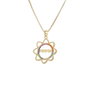 Golden flower MAMA pendant necklace with rainbow gemstone accents and openwork design