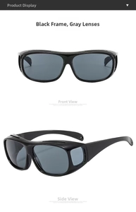Detail view of black over-glasses sunglasses with side windows and gray lenses