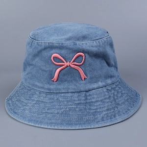 Süßer Fischerhut Aus Denim Mit Rosa Schleife Bestickt Damen Sonnenhut Faltbar Sommer Outdoor Mode