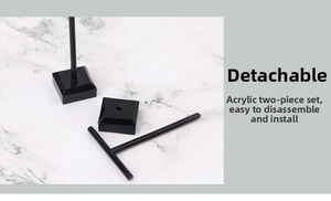 Detail of detachable black acrylic T-bar earring display stand with thick square base