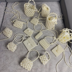 Handmade pearl woven bags in various styles featuring crossbody chains and silk linings