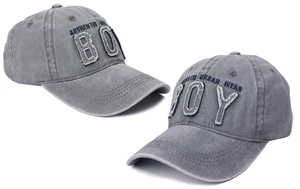 Detail of grey washed cotton baseball cap with BOY embroidered patch and vintage texture