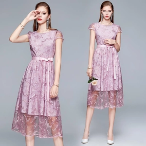 Damen Elegantes Midi Kleid Mit Spitze Und Bestickung Rundhals Kurzarm Mesh A-Linie Partykleid Mit Schleife Rosa