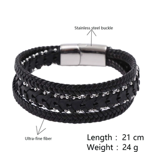 Men's double-layered braided microfiber bracelet with stainless steel buckle, 21cm length