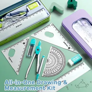 8-piece student compass and ruler stationery set in metal cases for drawing and geometry