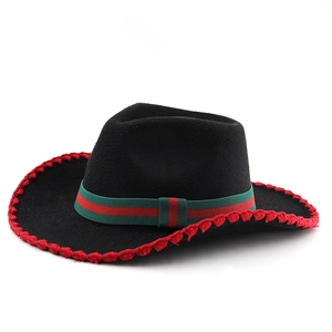 Black wool felt western cowboy hat with red stitched edges and striped band detail