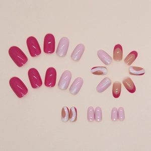 Barbie pink glitter wave press-on nails with French tips and oval shape design