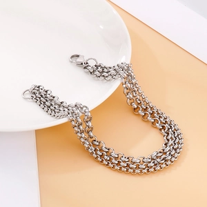 Three-layer silver stainless steel rolo chain bracelet with lobster clasp for women