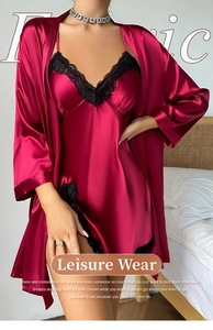Detailed view of burgundy satin sleepwear robe and nightdress with black lace edges