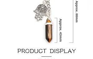 Detailed view of Hamsa Hand keychain with tiger eye crystal pillar measuring 88mm length