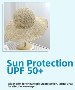 Detailed weave of beige straw sun hat with UPF 50+ protection on a display stand