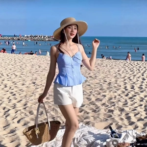 French style striped camisole top and white shorts set for summer beach vacation