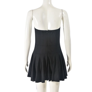Detail of black rib-knit bodycon dress featuring an open back and invisible zipper closure