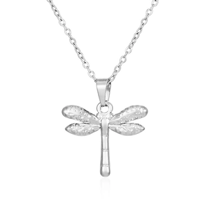 Elegant stainless steel dragonfly necklace with textured wings on a thin silver chain