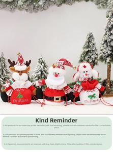 Three Christmas drawstring gift bags featuring Santa, reindeer, and snowman plush designs