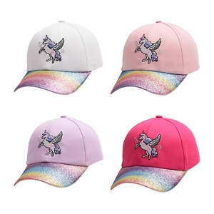 Kids unicorn embroidered baseball cap with rainbow glitter brim in four assorted colors