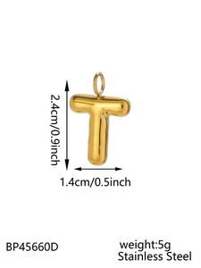 Detailed size specifications for a gold bubble letter T pendant made of stainless steel