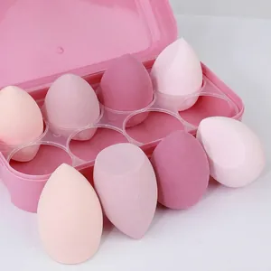 Pink makeup sponge set including teardrop and slanted shapes in a plastic storage box