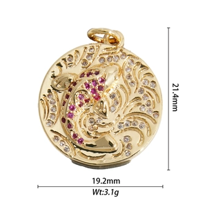 Detail view of 18K gold plated koi fish pendant with dimensions 21.4mm by 19.2mm