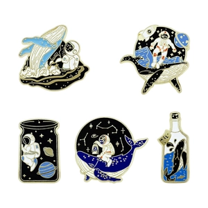 Set of 5 cartoon astronaut and whale enamel pins with gold trim for backpack and lapel