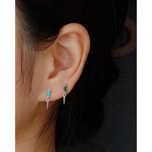 925 Sterling Silver earrings with square blue and emerald stones and silver cone pendants