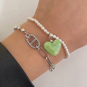 Double-layer S925 silver beaded bracelet set with a green heart pendant for women