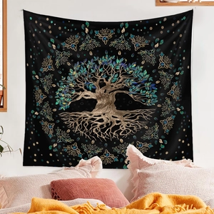 Detailed view of the tree of life tapestry with golden roots and teal leaves on a black wall