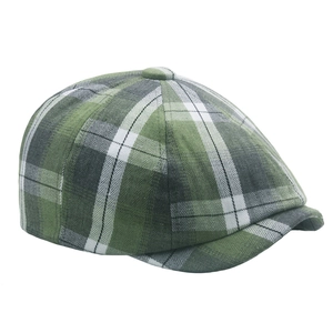 Classic green plaid newsboy cap in retro British style shown from a 45-degree side angle