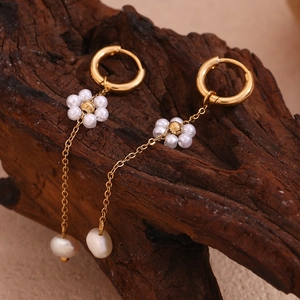18K gold plated stainless steel mini hoop earrings with pearl flowers and long chain drops