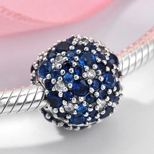 S925 sterling silver bead charm with blue and clear pavé crystals on a snake chain