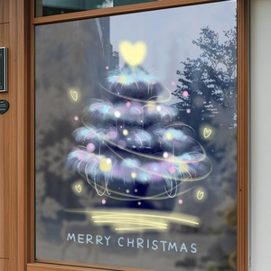 Sticker de fenêtre sapin de Noël illuminé bleu et violet pour décoration festive en verre