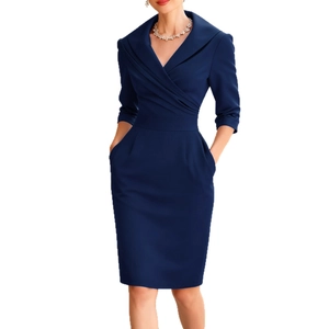 Elegant navy blue V-neck midi dress with long sleeves and a slim-fit waist design
