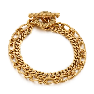 Double-layer stainless steel gold chain bracelet with heavy hip hop style OT buckle