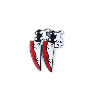 Detail of acrylic Halloween knife charms with red blood splatters and bunny design