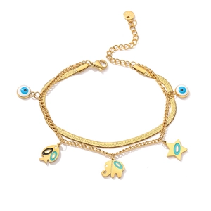 Gold double-layer stainless steel bracelet with devil eye elephant and star charms
