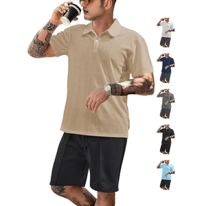 Men's khaki waffle knit polo and shorts set displayed in multiple colors for summer casual wear
