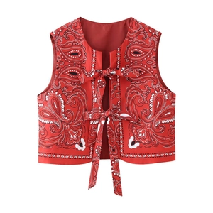 Women's summer casual red paisley print crop vest with front bow tie closure