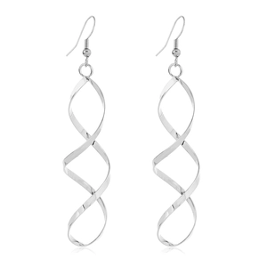 Detailed close-up of silver long twisted spiral drop earrings with metallic luster finish