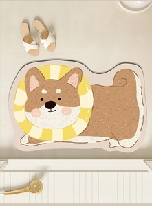 Detail view of a cute Shiba Inu bathroom rug with a striped swim ring made of plush fiber