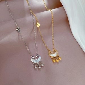 Titanium steel mother-of-pearl coin lock necklaces in gold and silver finishes