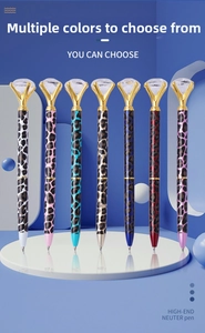 Detail of 7 leopard print pens with crystal diamond tops on a geometric display