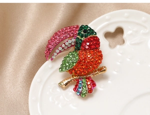 Close-up of a colorful parrot brooch with rhinestones on a white ceramic plate