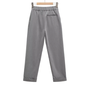 Women's chic grey casual trousers with elastic waist and stylish cuffed hems for 2025