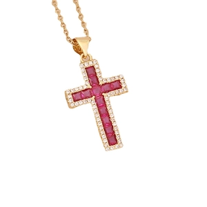 Elegant gold cross necklace featuring a central red ruby and shimmering zircon accents