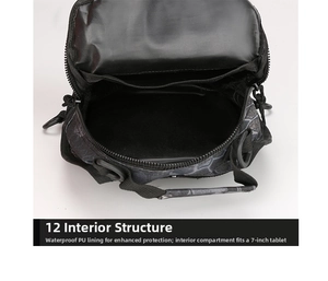 Detail of tactical chest bag interior with waterproof PU coating and tablet compartment