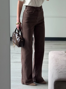 Brown high-waisted wide-leg jeans for women styled with white T-shirt and leather bag