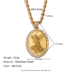 18K Gold Plated St. Michael Angel Pendant Necklace in Stainless Steel with Twist Chain