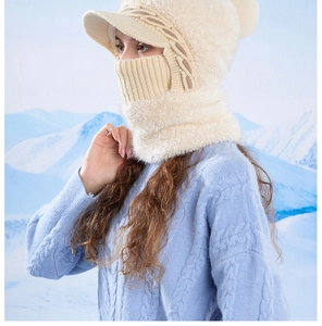 Detail of winter knitted 3-in-1 hat set with mask and neck warmer in cream white