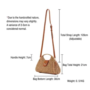 Handmade woven paper rope crossbody bag with leather straps and precise dimensions