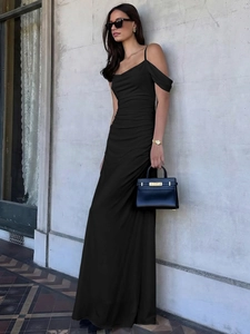 Elegant black backless bodycon maxi dress with side ruching and thin straps for women